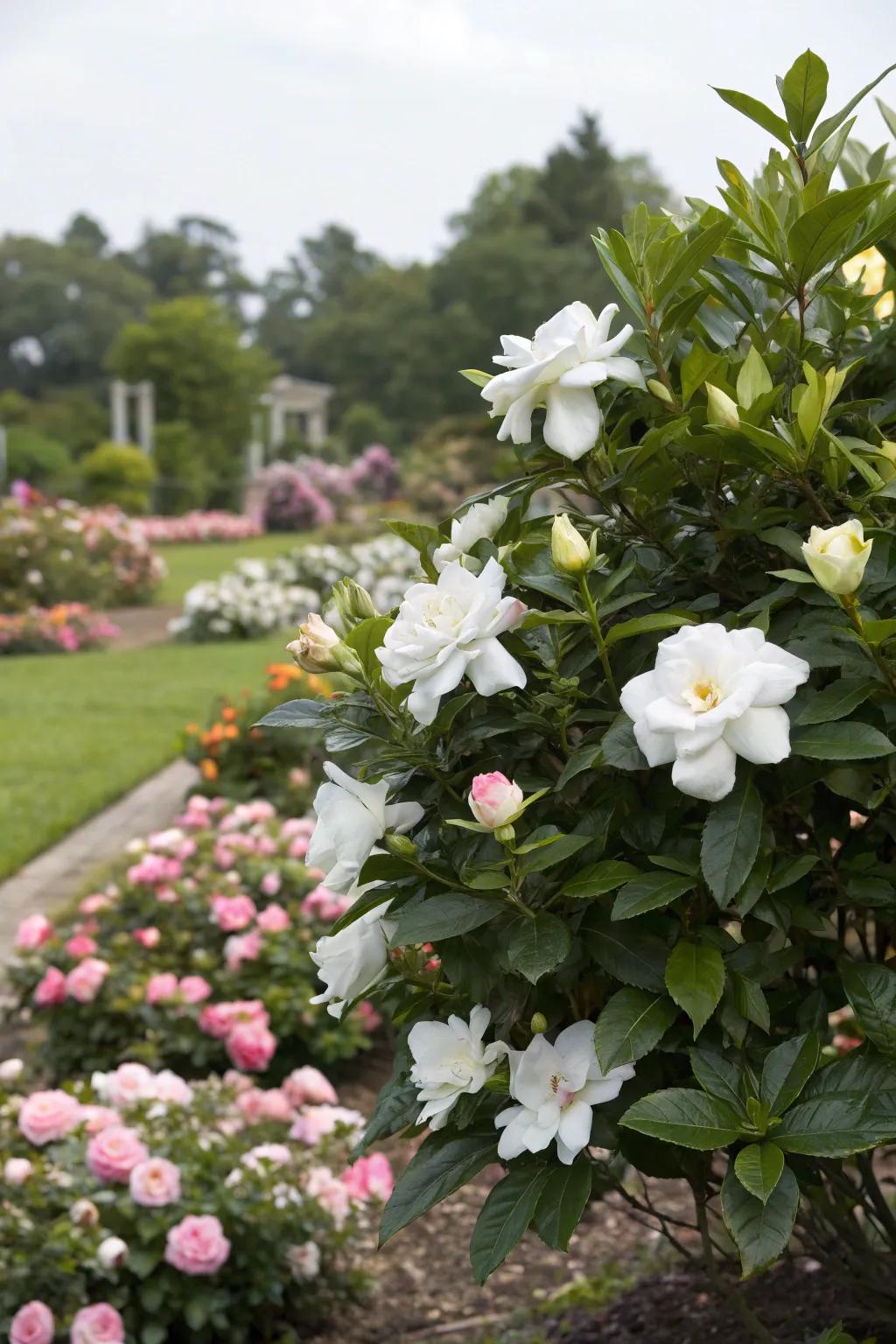 A fragrant gardenia bush encircled by complementary blooms.