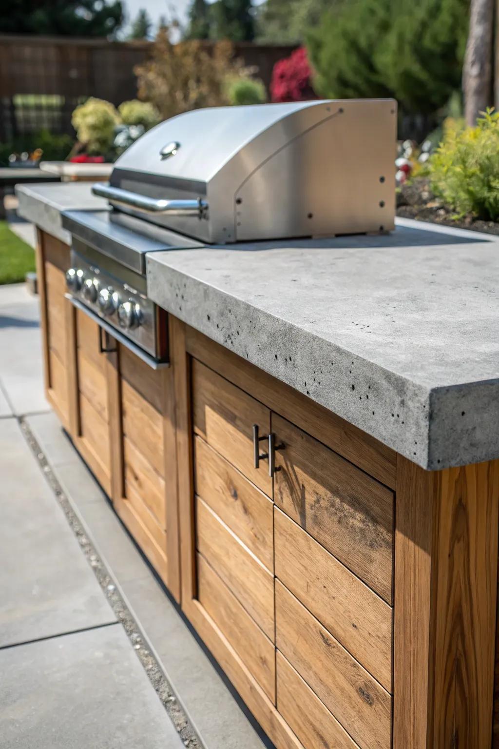 Elevate your outdoor cooking experience with a stunning mixed-material countertop that showcases the beauty of craftsmanship.