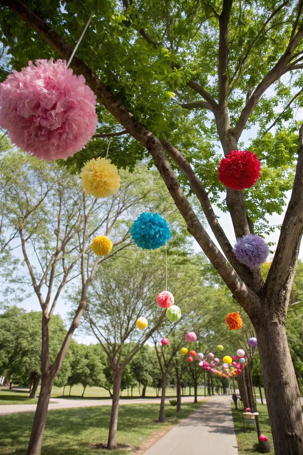 Pom-pom decorations add playful color to the park landscape.