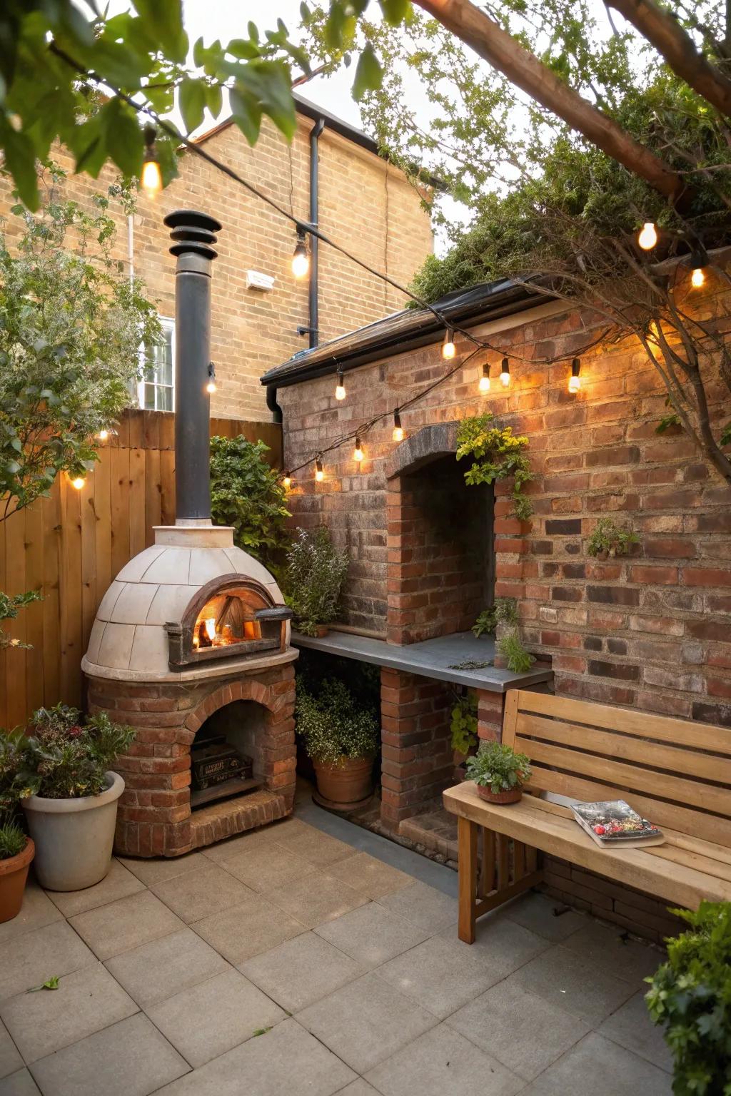 A sheltered pizza oven setup that ensures comfort and usability year-round.