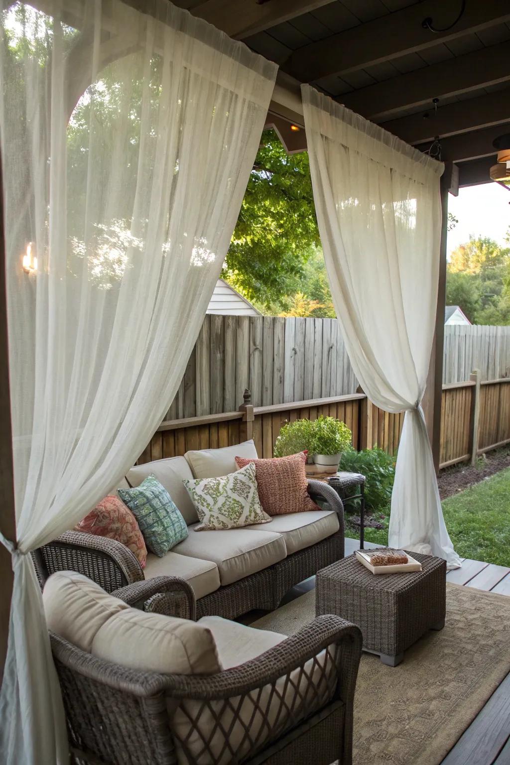 Outdoor curtains provide privacy and elegance to this charming porch.