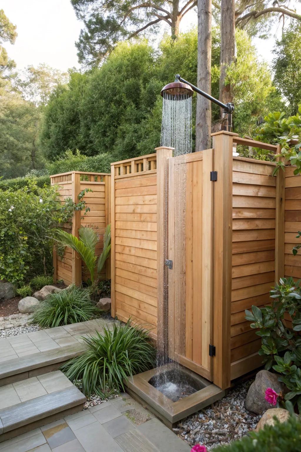 An inviting outdoor shower surrounded by cedar enclosures.