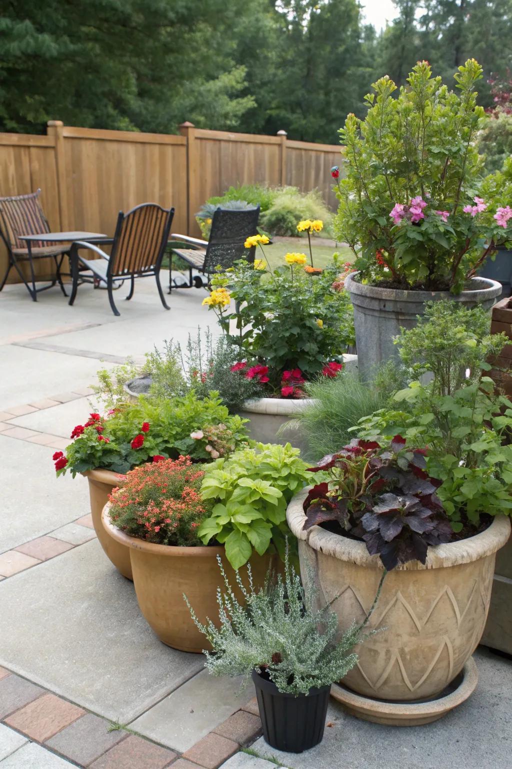 Potted gardens allow for versatile and portable greenery.