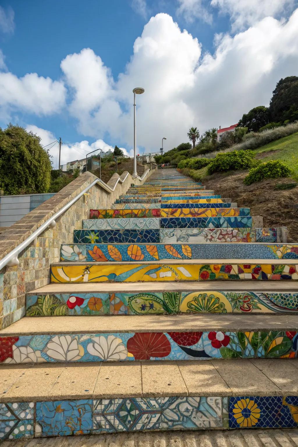 Mosaic steps infuse art and personality, creating vibrant pathways.