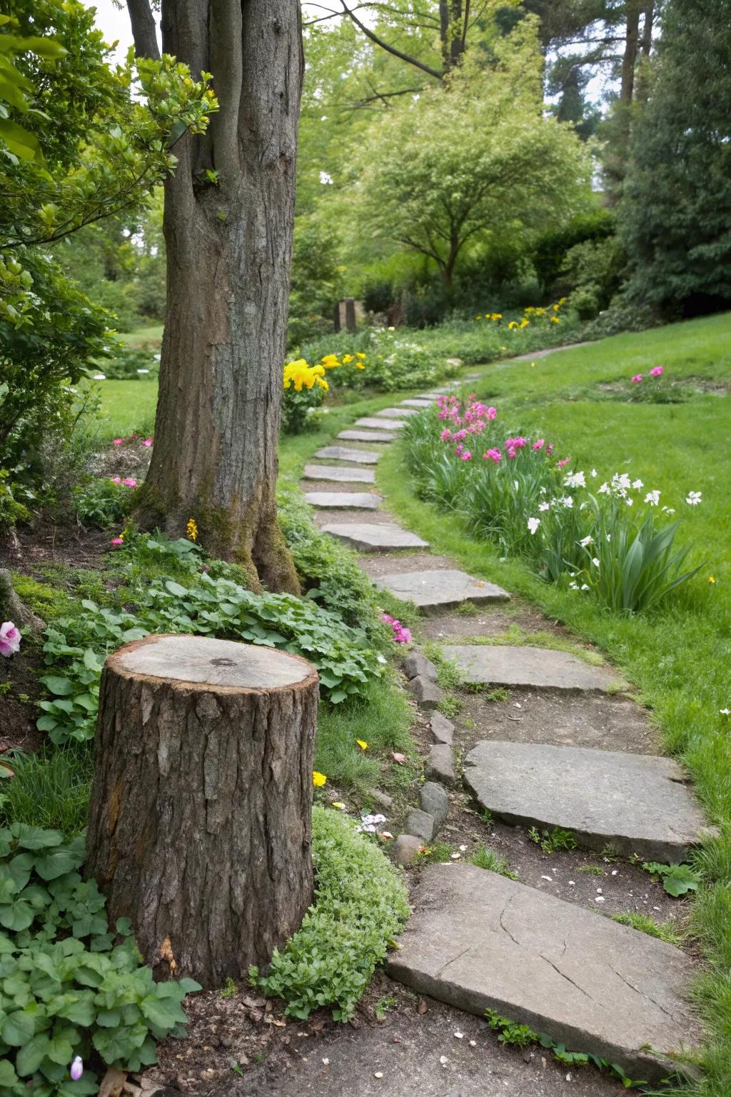 A stepping stone path featuring a stump element adds a whimsical touch to the garden.