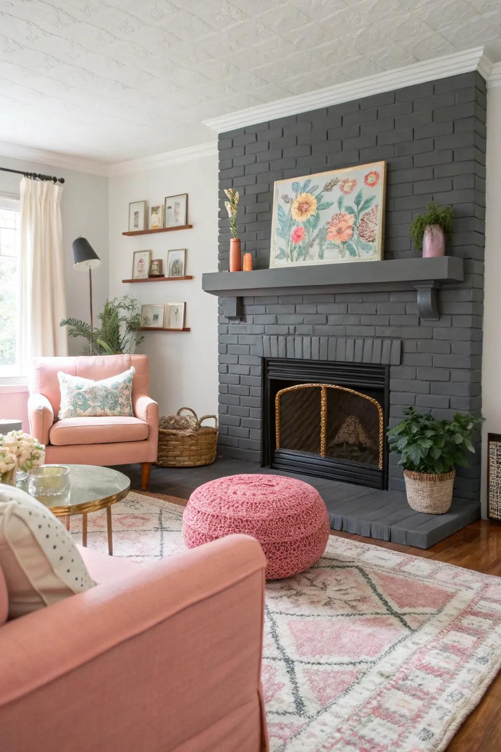 A charcoal-painted fireplace offering chic modernity.