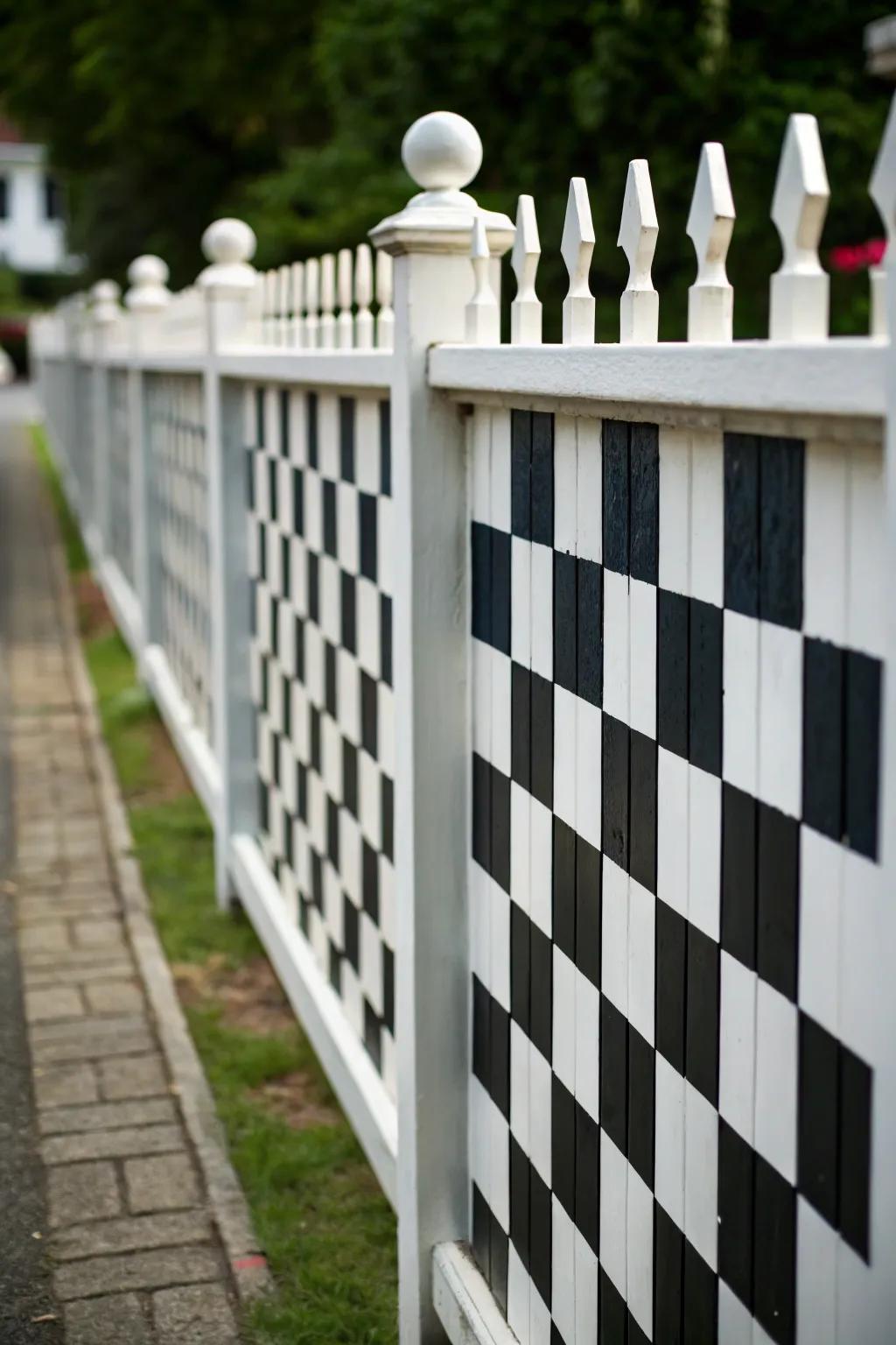 A playful picket fence featuring a striking checkerboard design.
