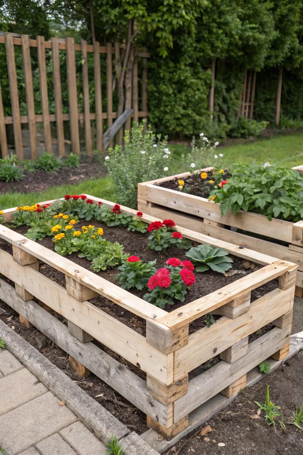 Embrace rustic elegance with a pallet-framed raised garden bed, where simplicity meets natural beauty.