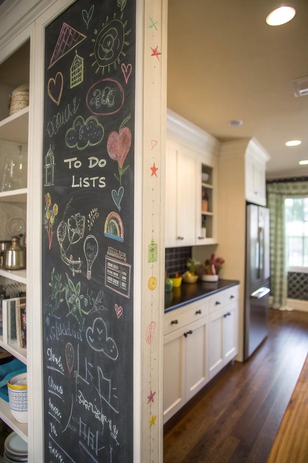 A pantry wall covered with a chalkboard surface for notes and creativity.