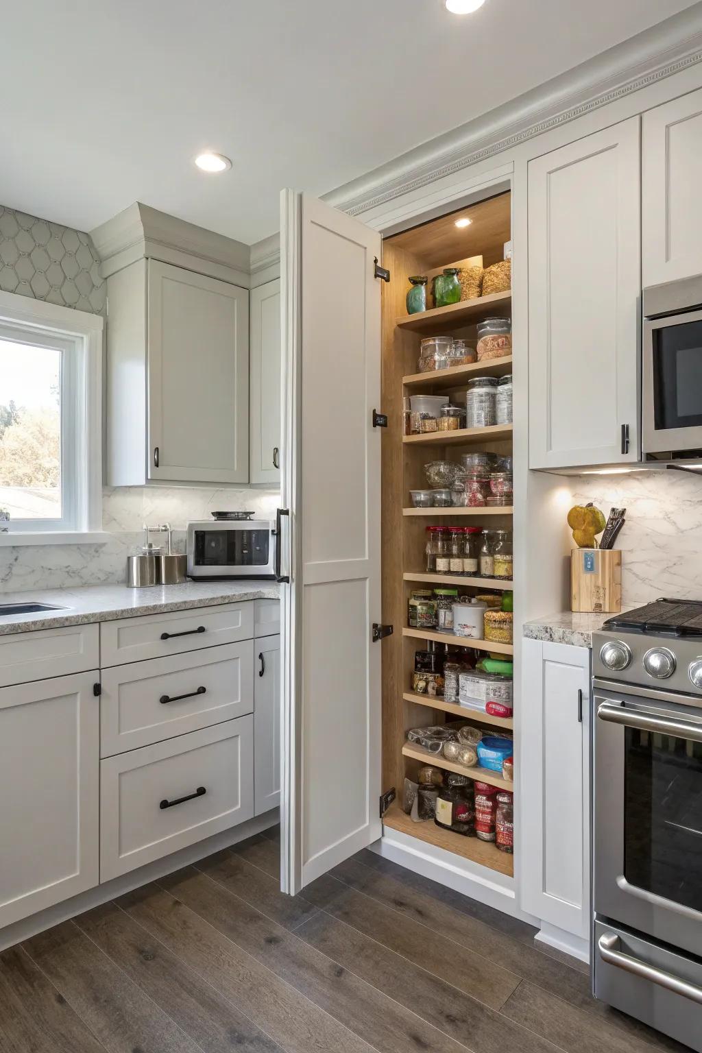 Corner accesses maximize space in compact kitchens.