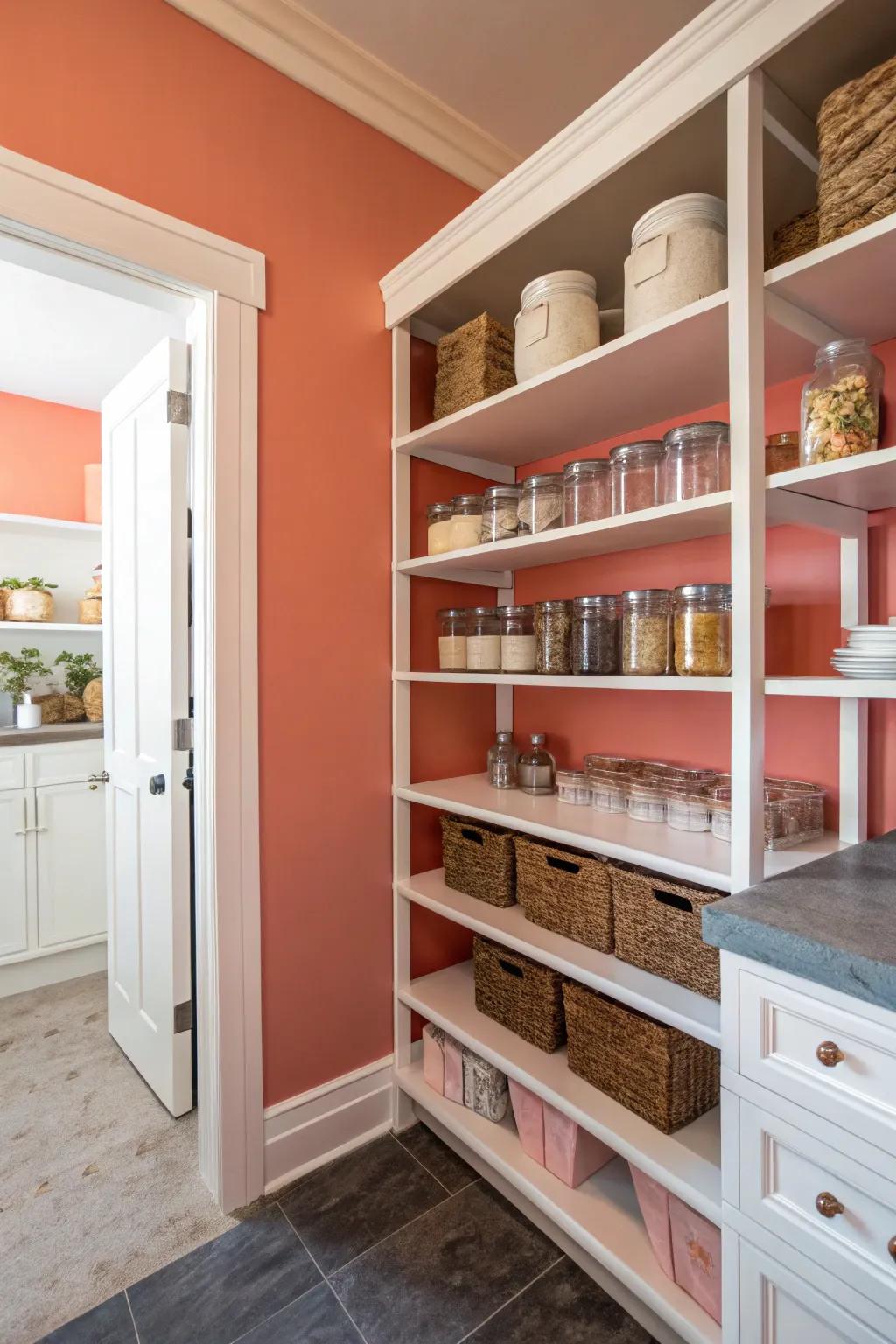 A playful coral pantry that bursts with energy.