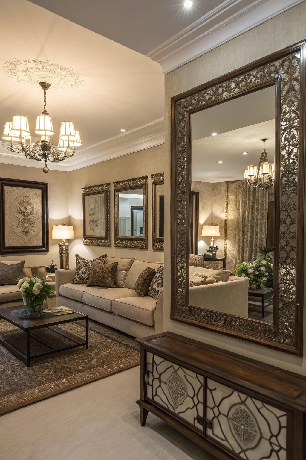 Mirrors creating an illusion of depth and enhancing room openness.