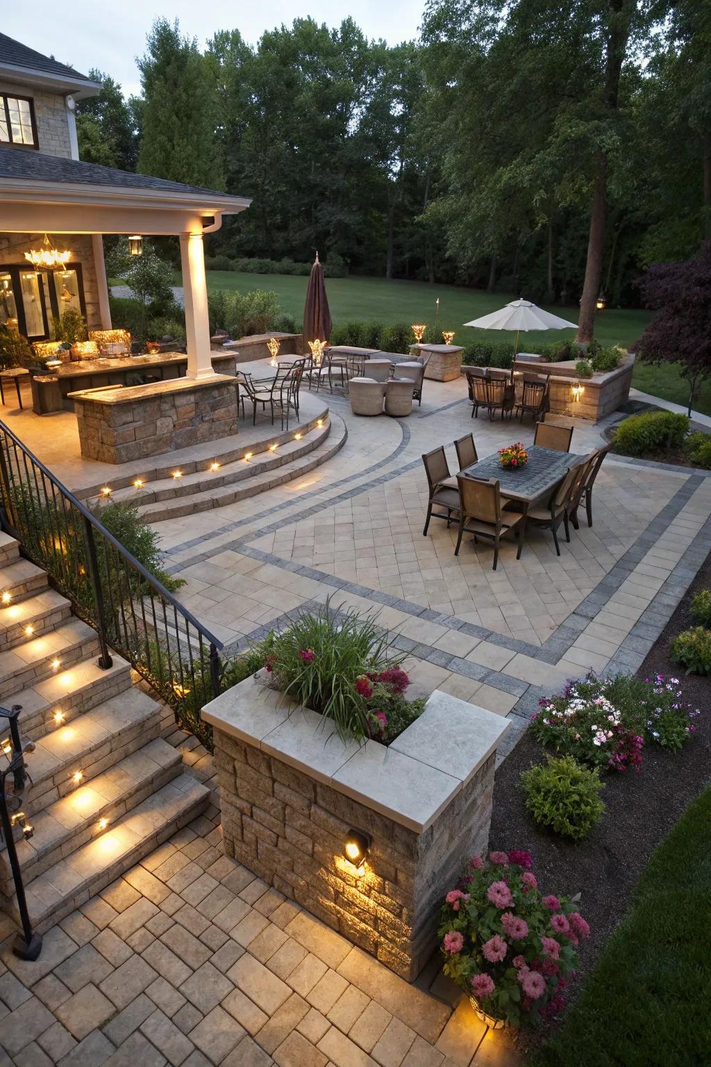 A multi-level paver patio design, maximizing outdoor space utilization.