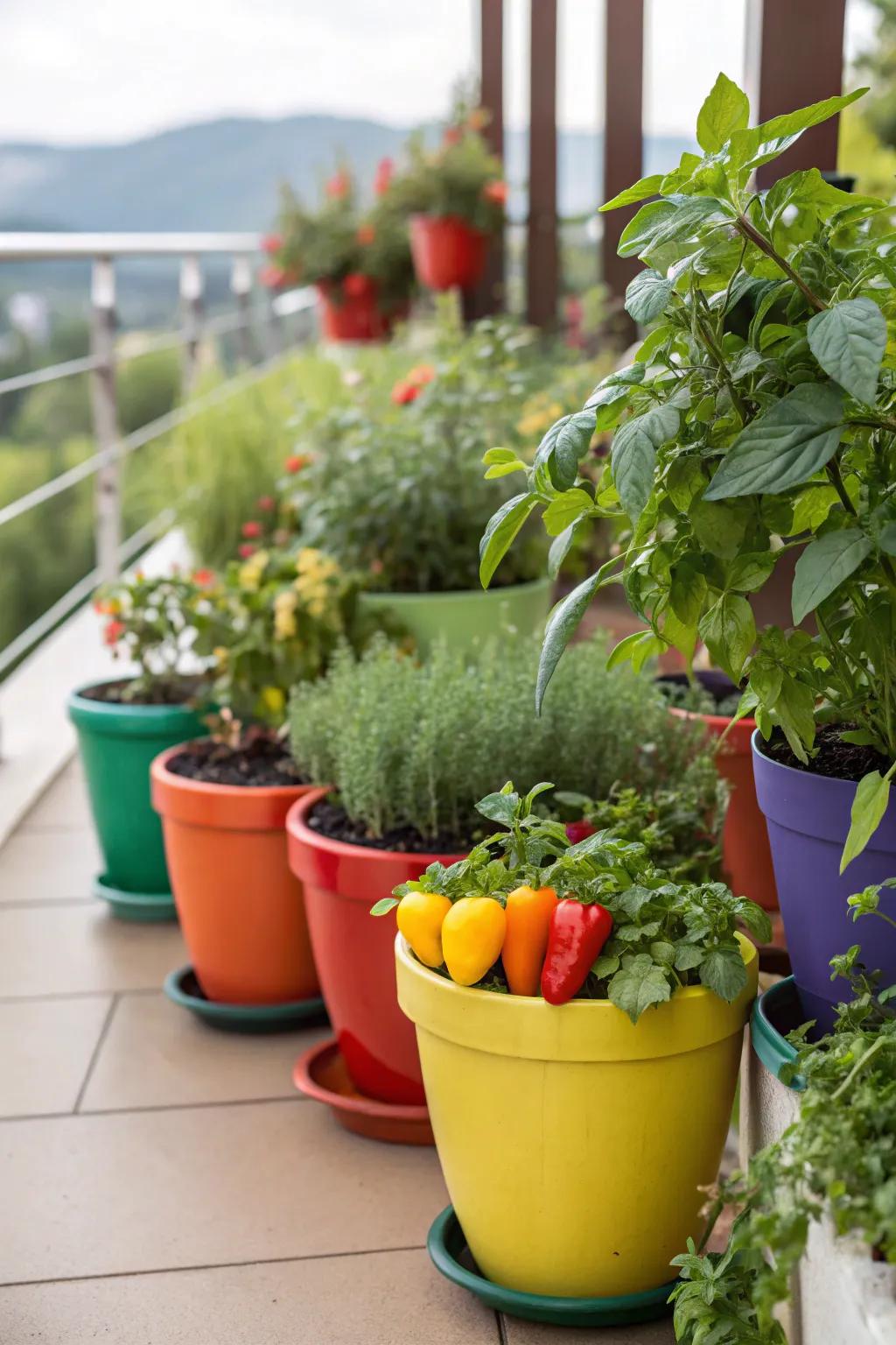 A parade of colorful pots brings life and energy to the garden.