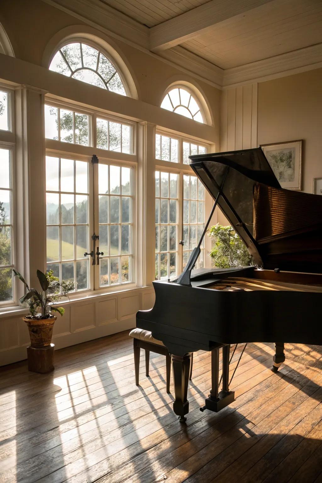 Natural light enhances the beauty and acoustics of the piano space.