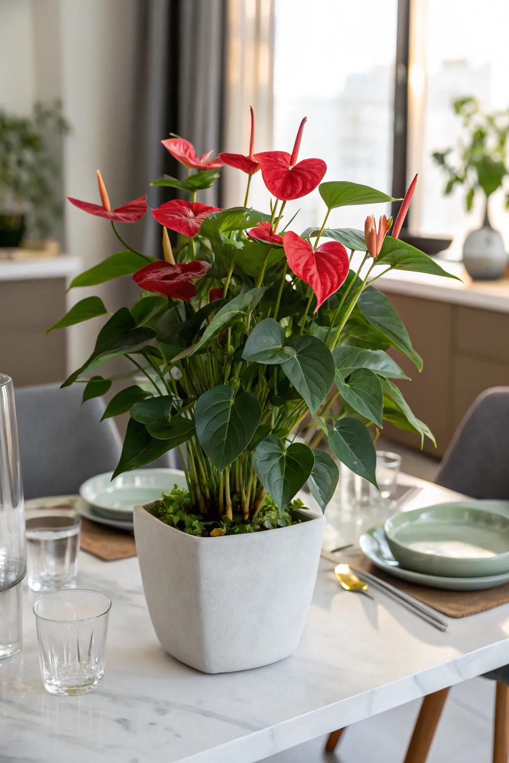 Bright hued anthuriums spread cheer via uplifting hues intended enhancing Mom's settings.