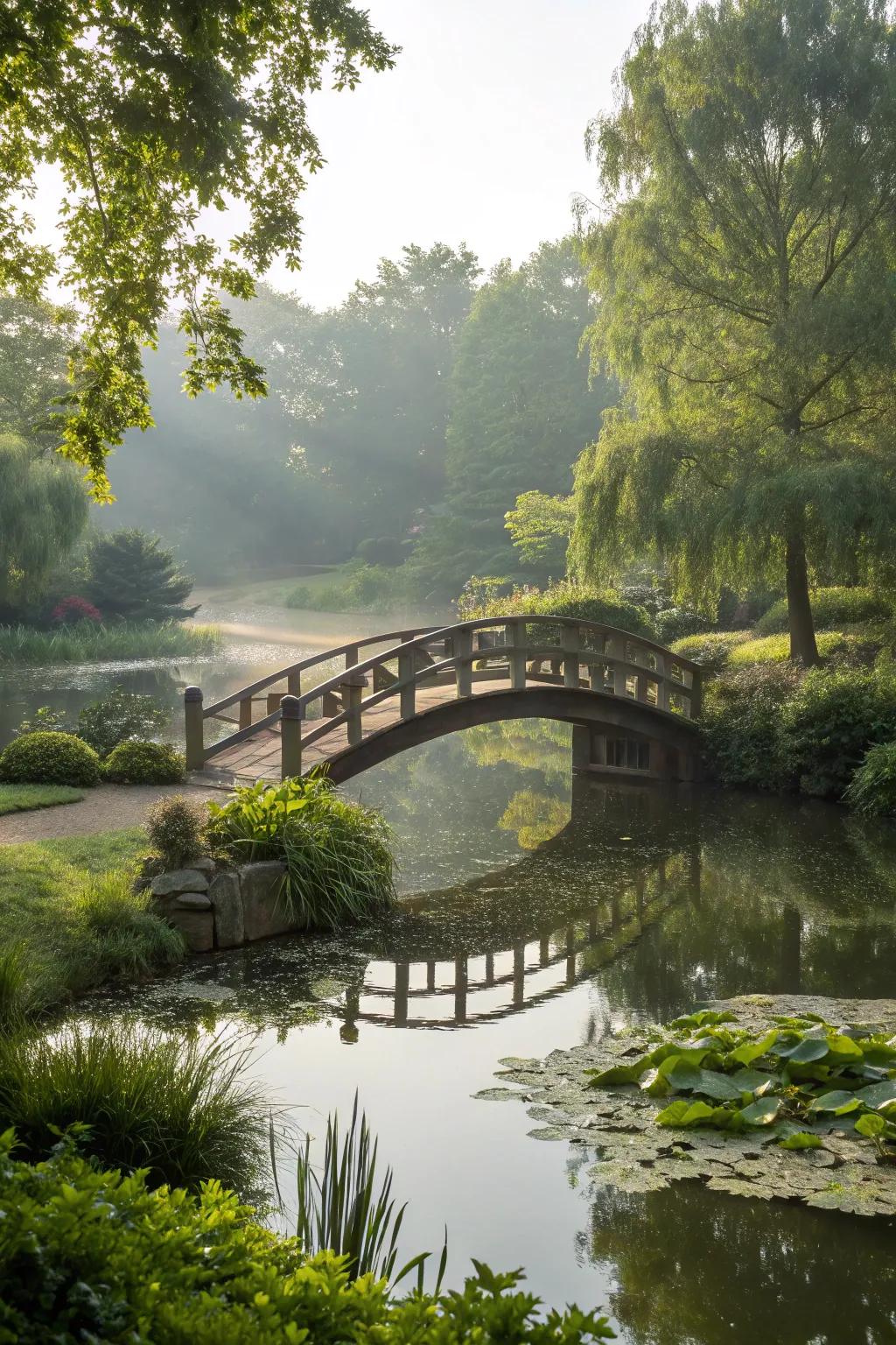 A footbridge over the pond creates a charming and picturesque focal point.