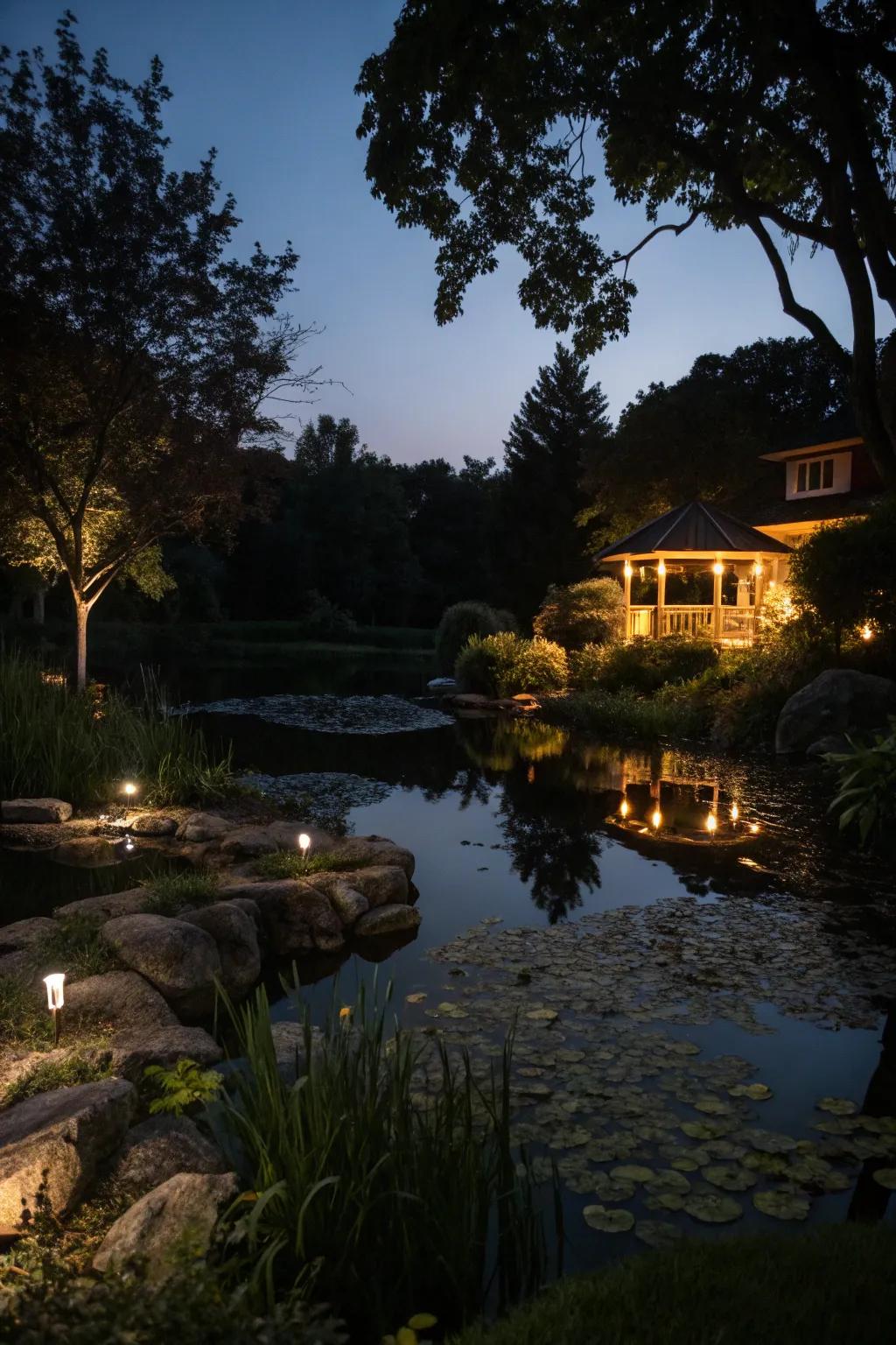 Soft lighting turns a pond into an enchanting evening escape.