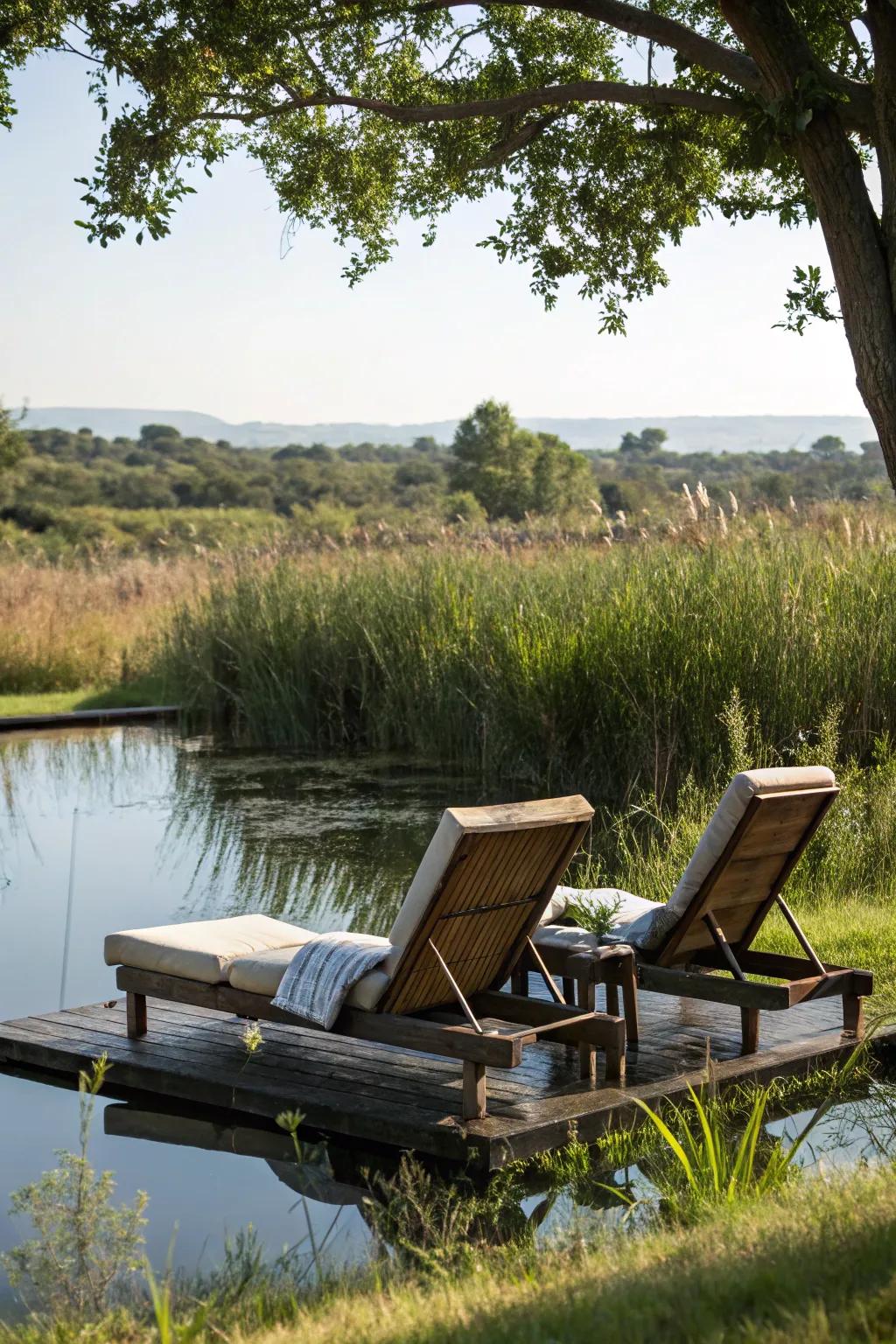 Lounge chairs offer a comfortable spot for sunbathing by the pond.
