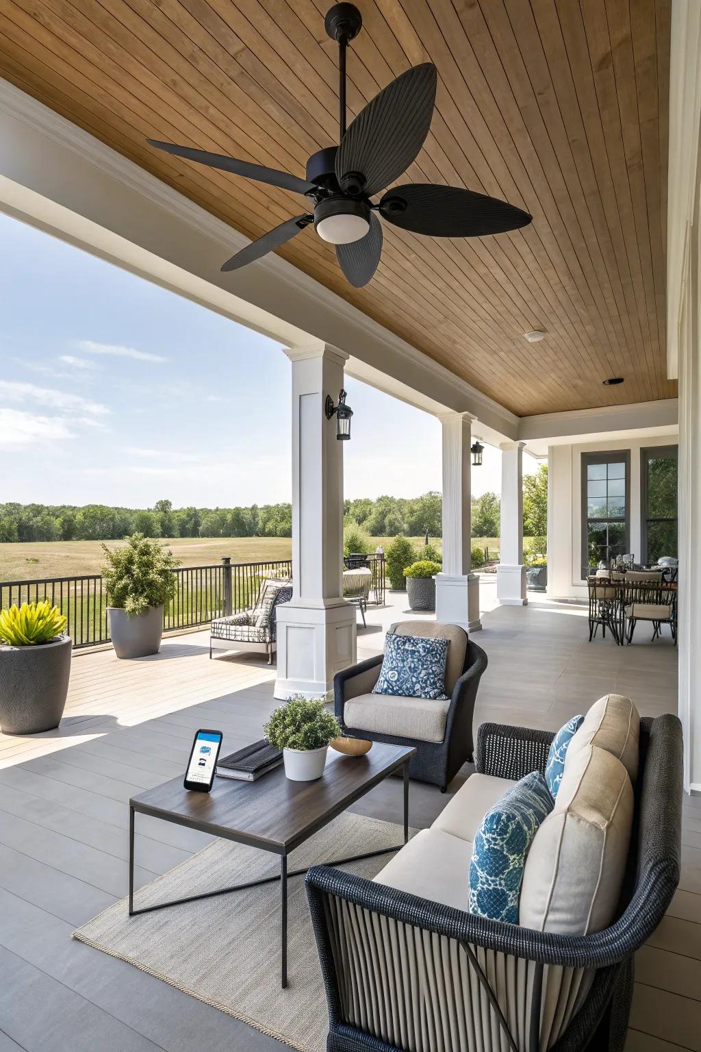 A smart fan offers convenient control in this tech-friendly porch.