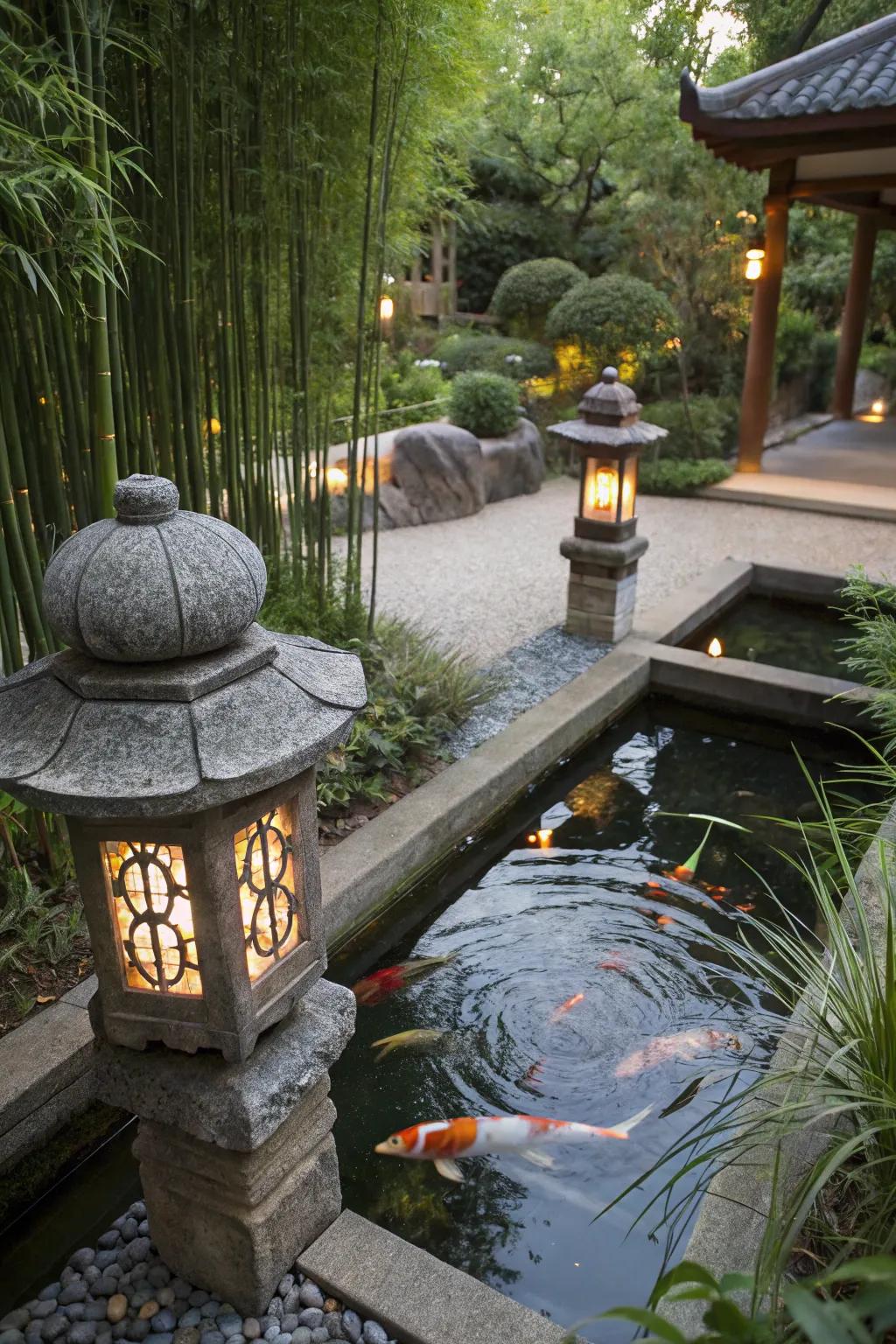 A serene Japanese-inspired elevated koi pond for tranquility.
