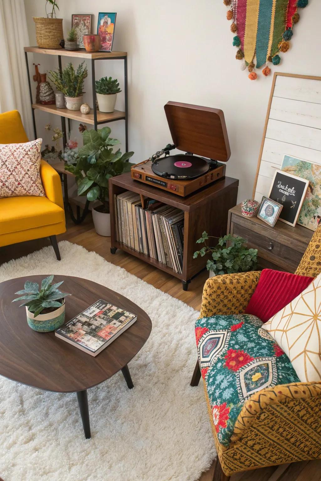 Eclectic record player setup with diverse styles and colors.