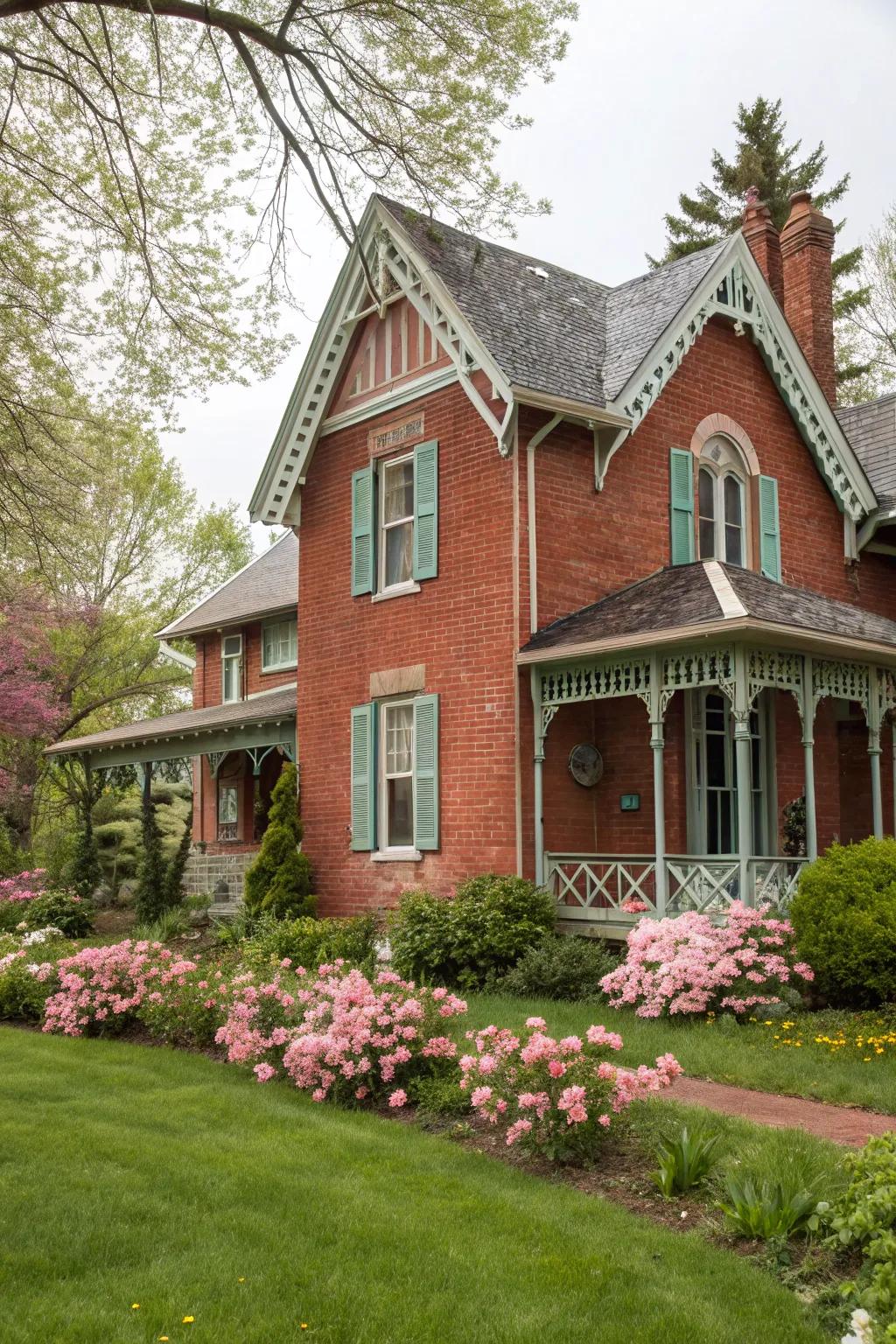 Muted tone trim adds a gentle and fanciful touch to red brick exteriors.