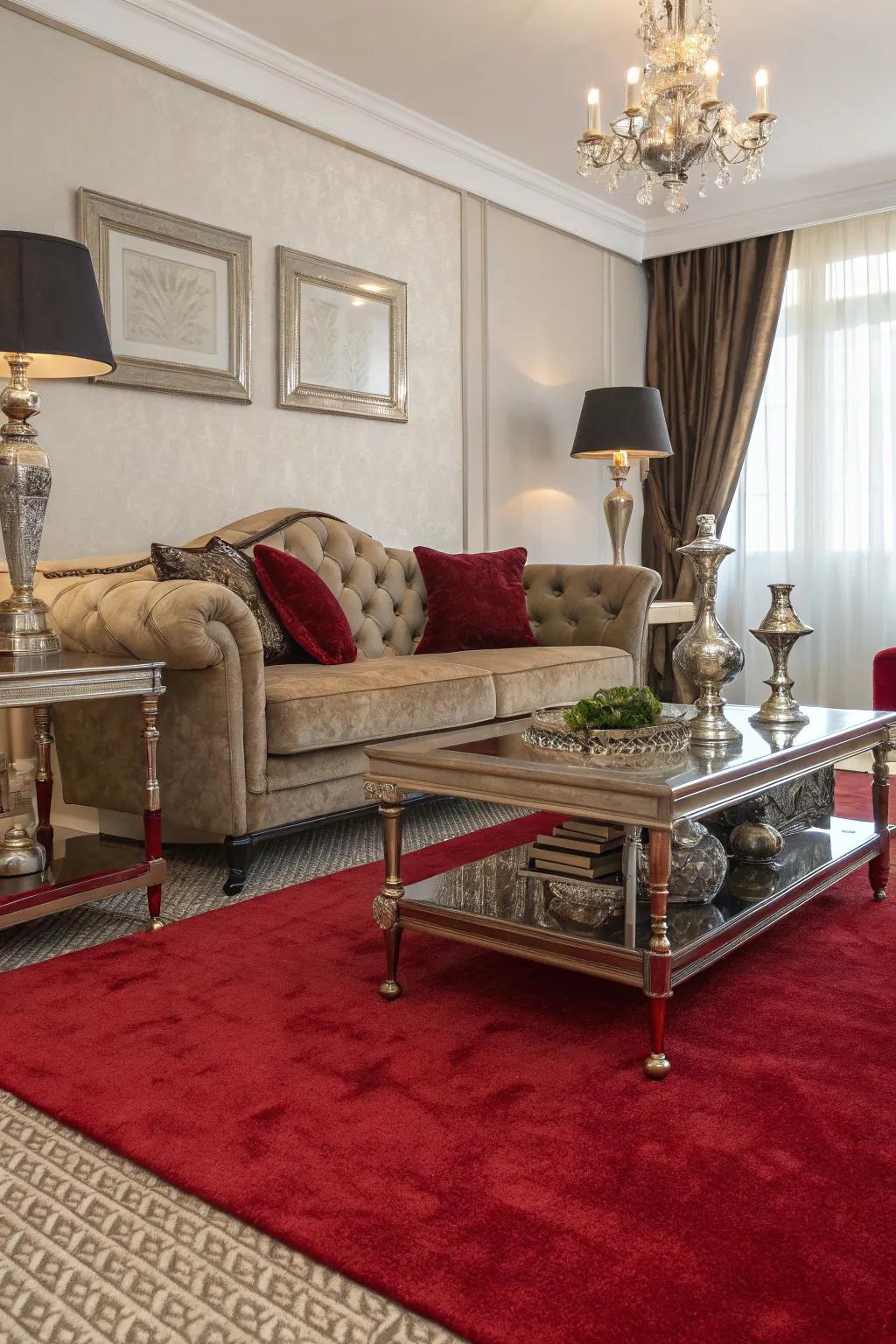 Mixed materials add play and dimension to this vibrant lounge area.