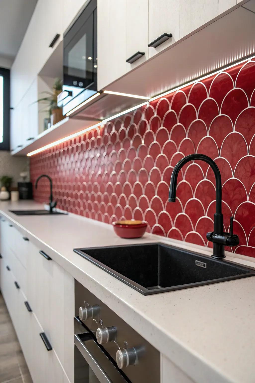 A kitchen with dramatic crimson fish scale tiles.