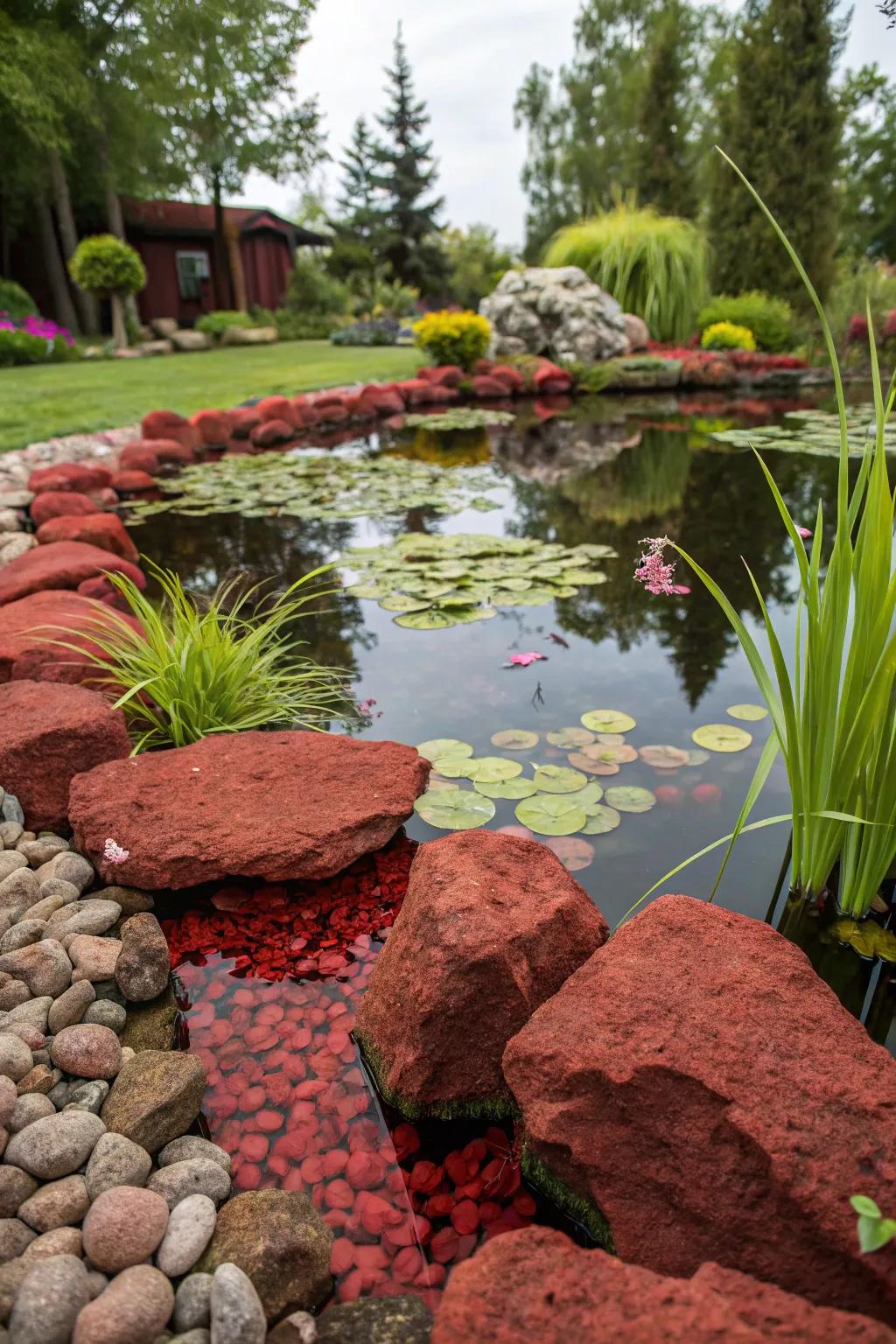 A DIY water filter with red lava rocks keeps the pond clear and healthy.