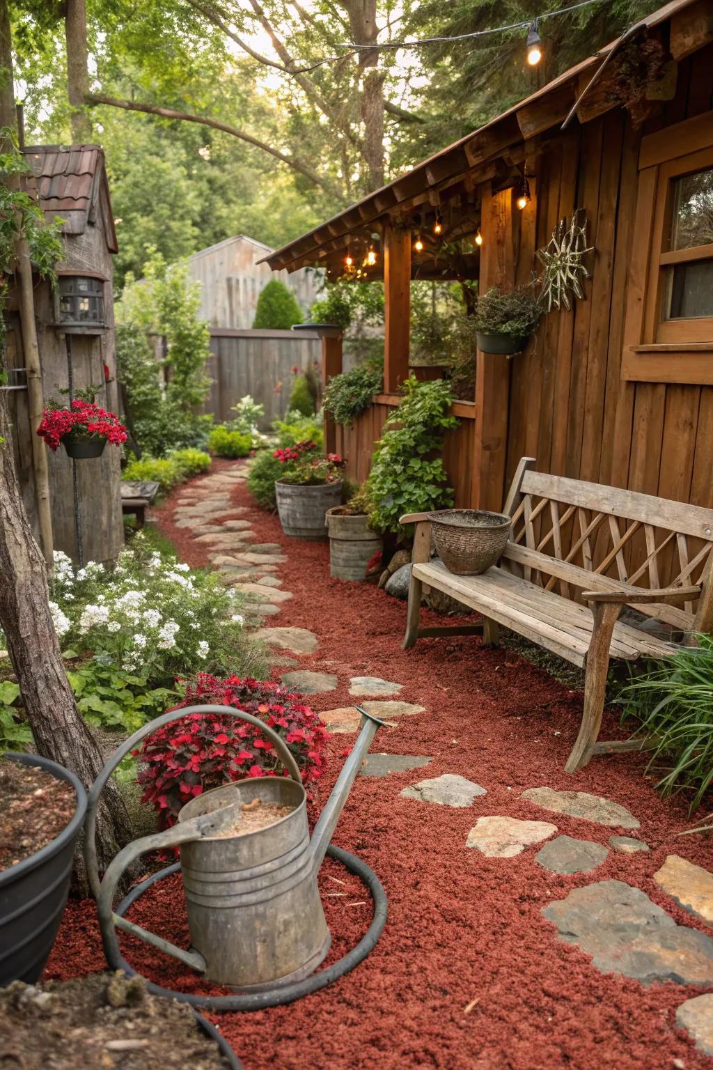 Red mulch integrates with rustic decor, adding a charming countryside vibe.