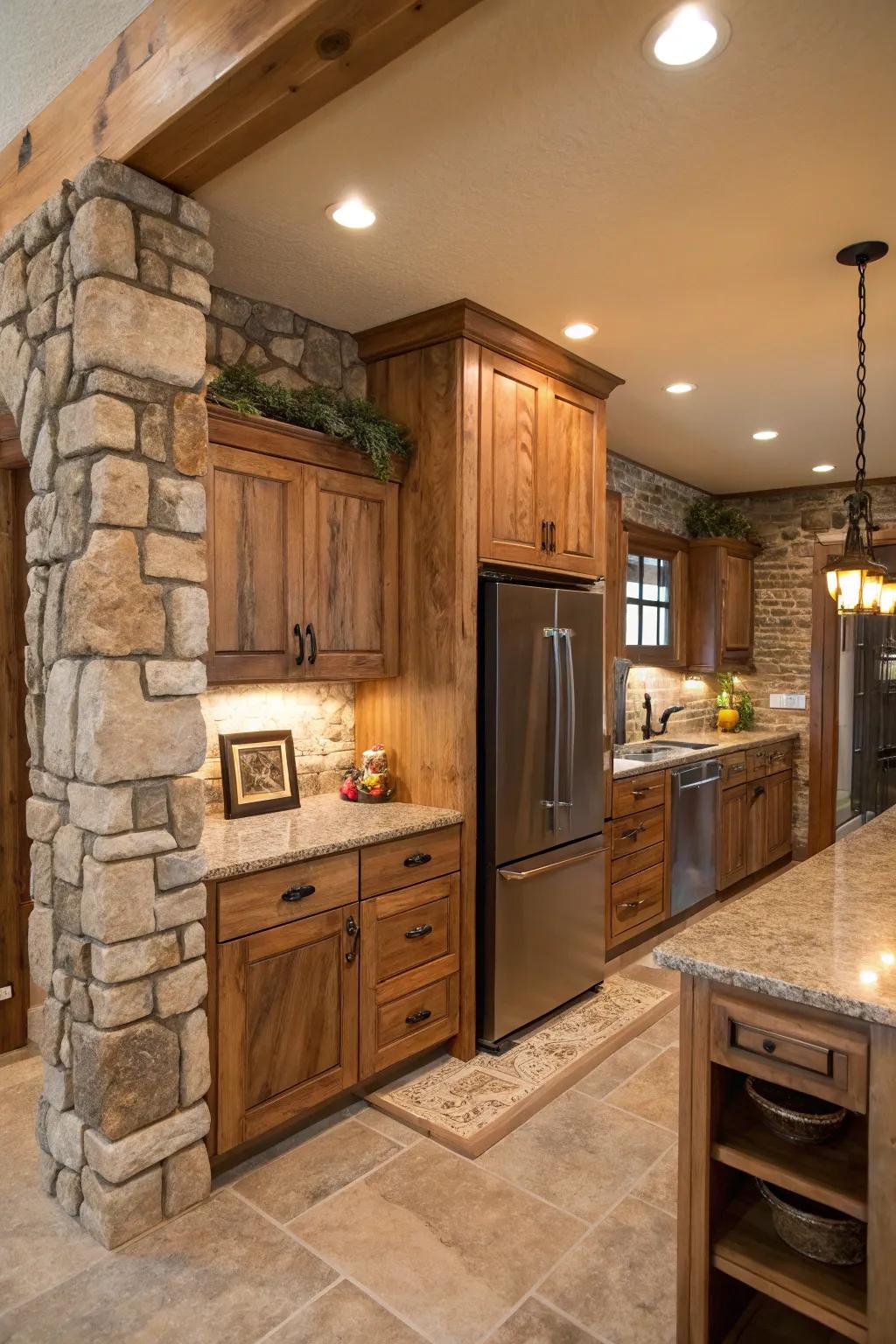 Natural materials around the refrigerator make the kitchen warm and inviting.