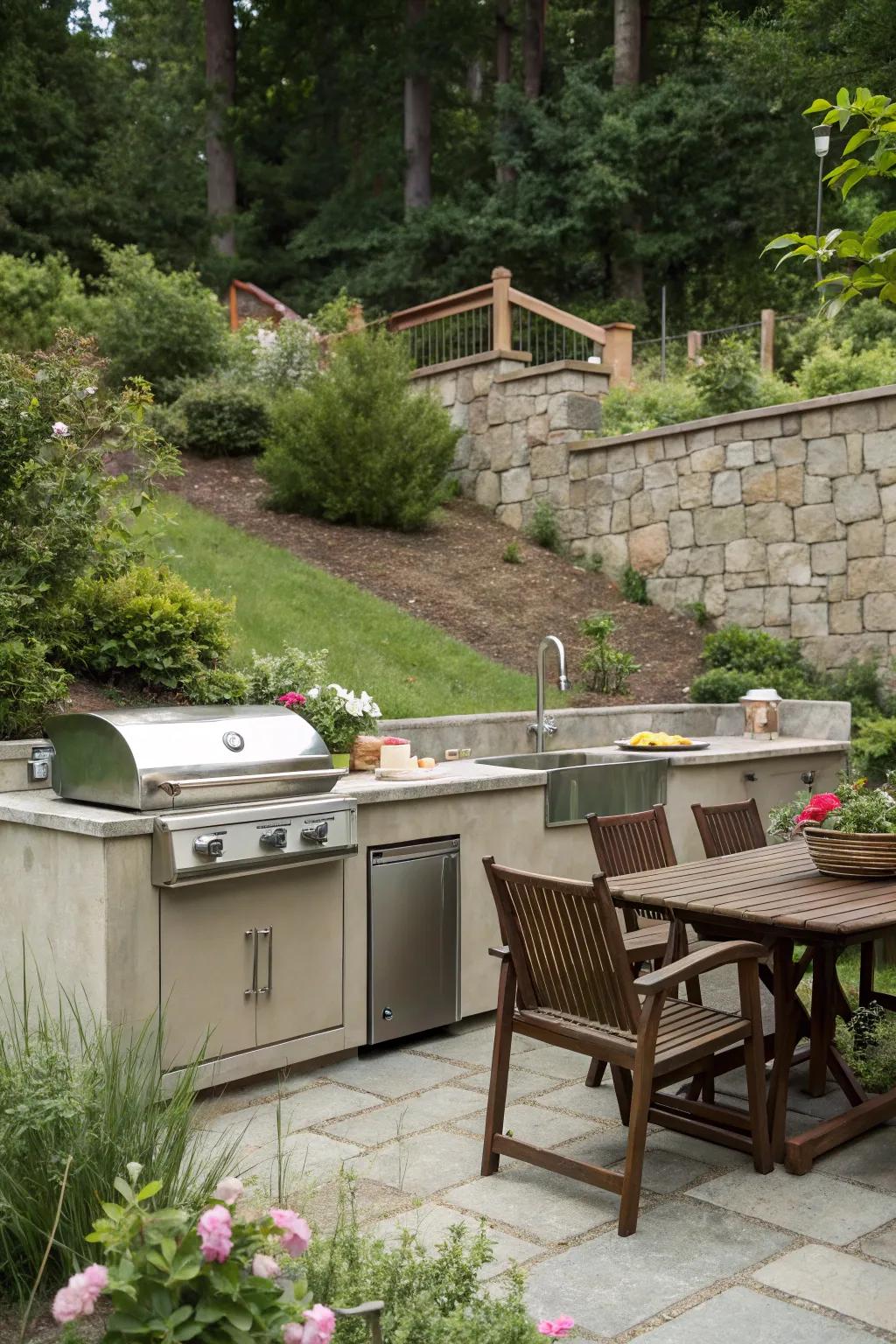 Outdoor kitchen beautifully highlighted by a support structure backing.