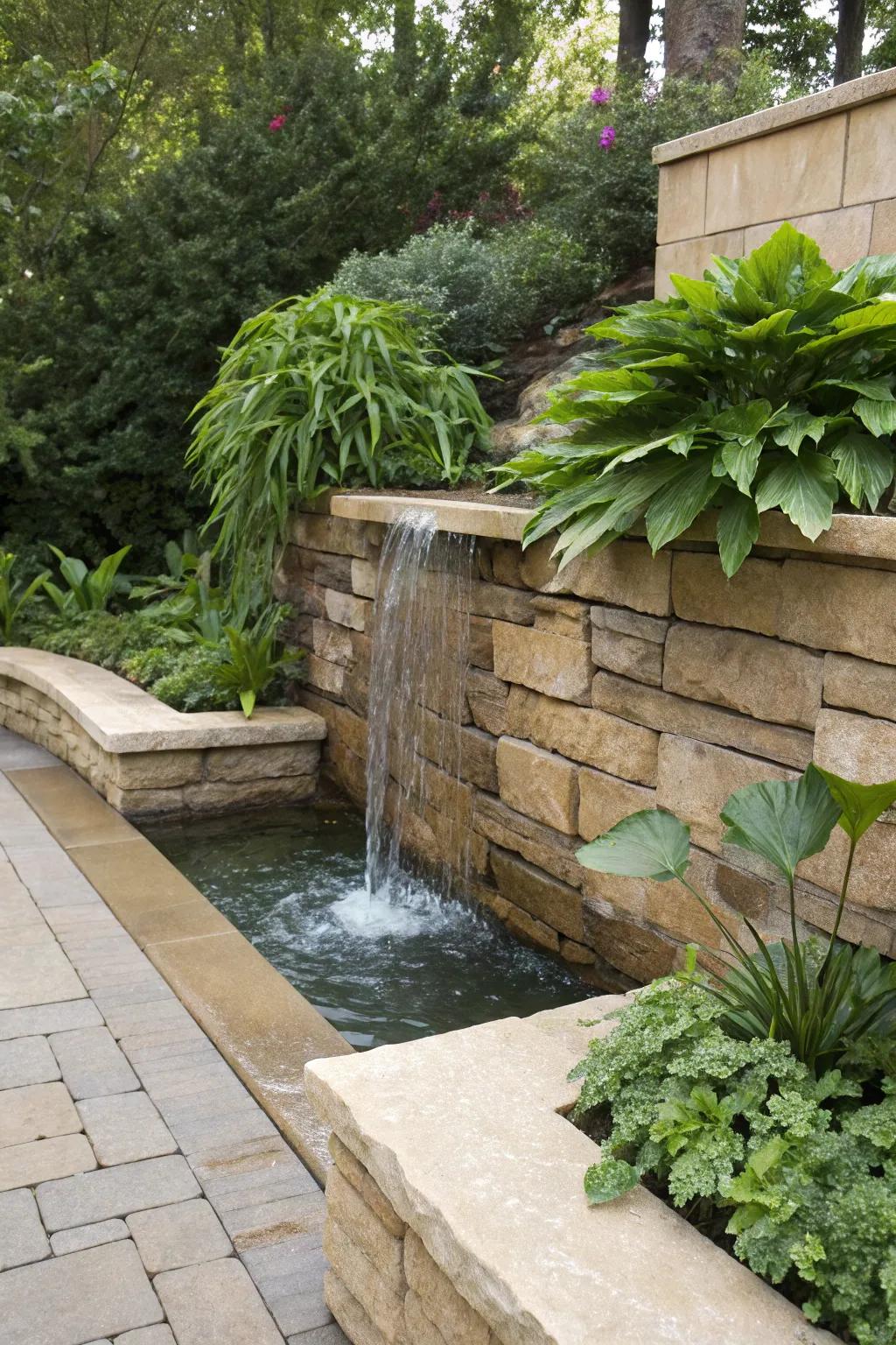 A cascade attribute appends tranquility and splendor to retaining walls.