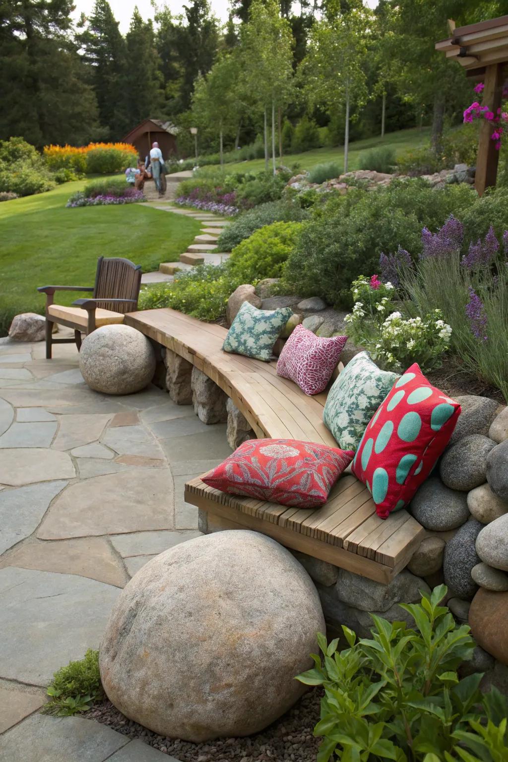 Large stream stones form a cozy and inventive seating spot within this garden.