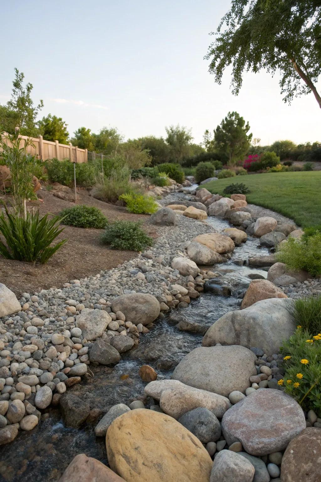 A dry stream bed feature adding texture and functionality to the garden.