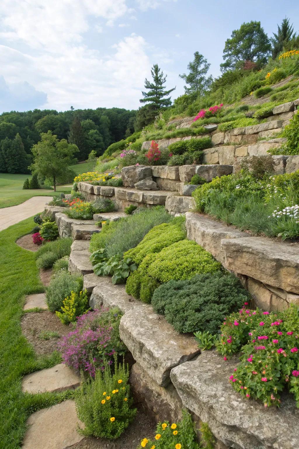 Terraced stone garden showcasing lush plantings on multiple levels.