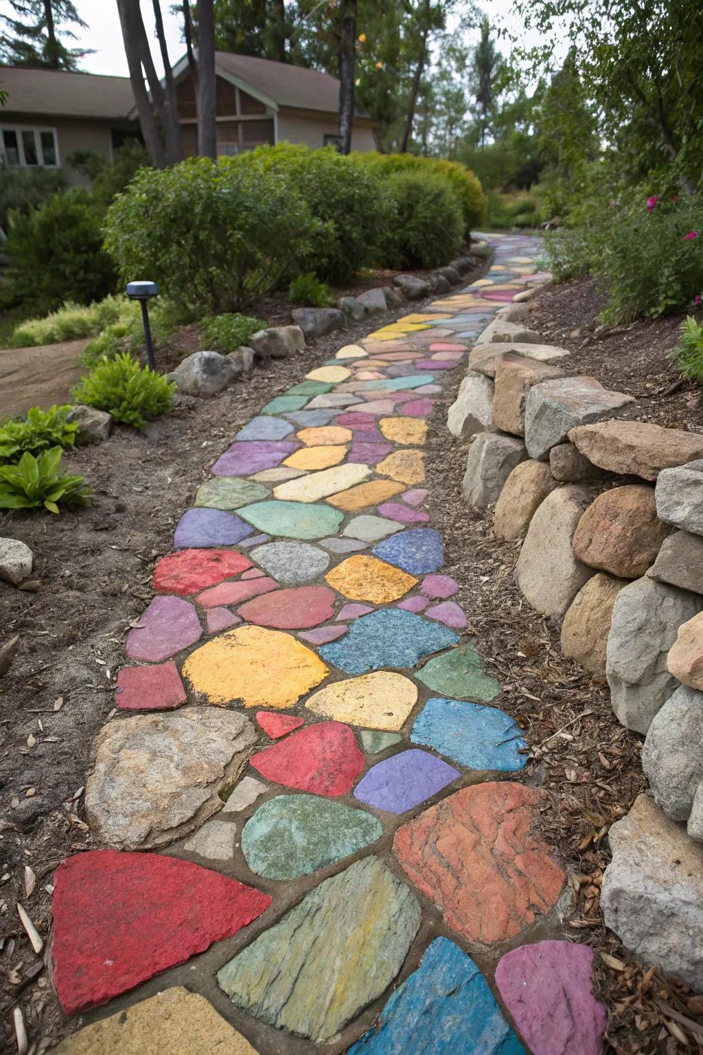 A patchwork of colorful stones creates a vibrant and eye-catching path.