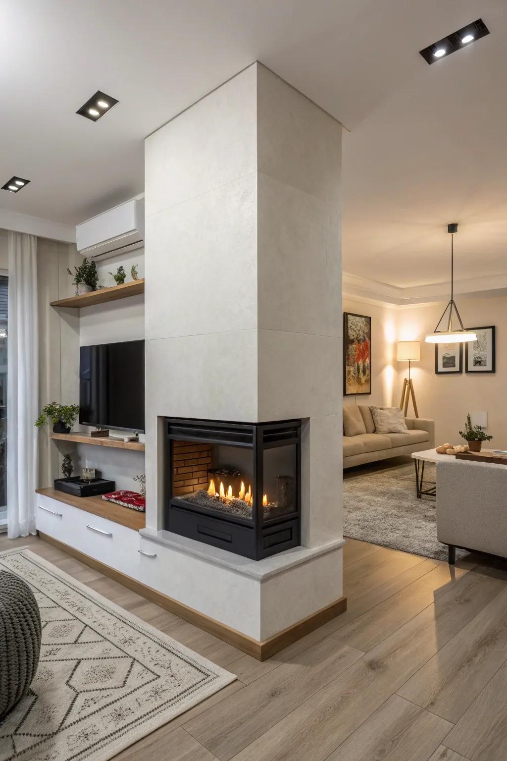 Corner fireplaces are perfect for dividing spaces in smaller homes.