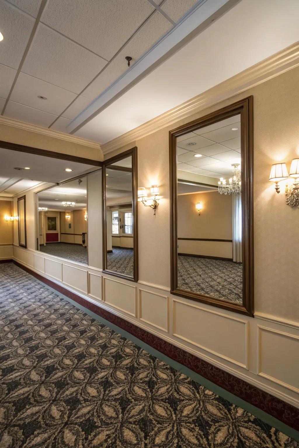 A small room with a mirrored half wall that improves area and light.