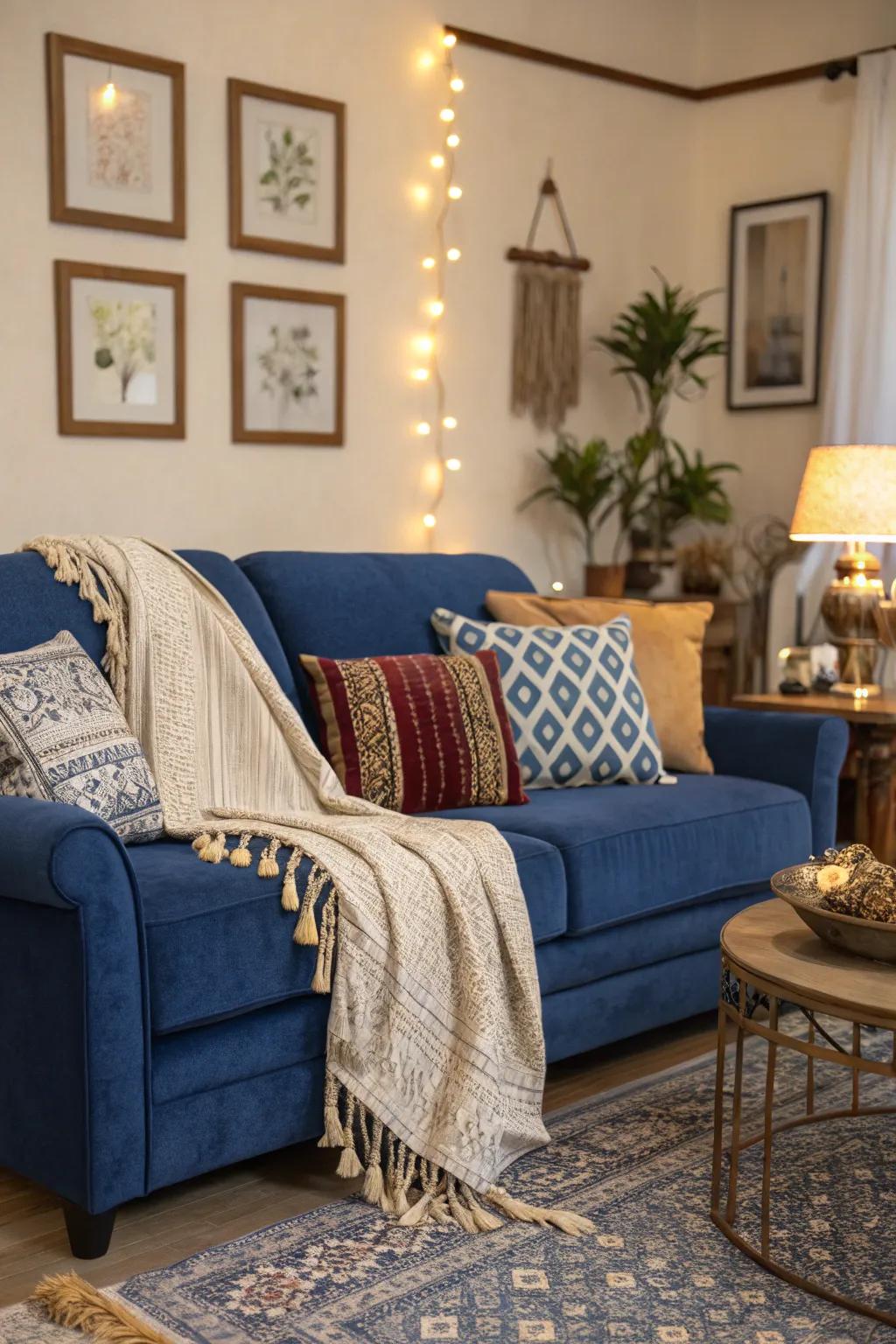 Layering throws and pillows introduces snugness and flair to the cobalt settee.