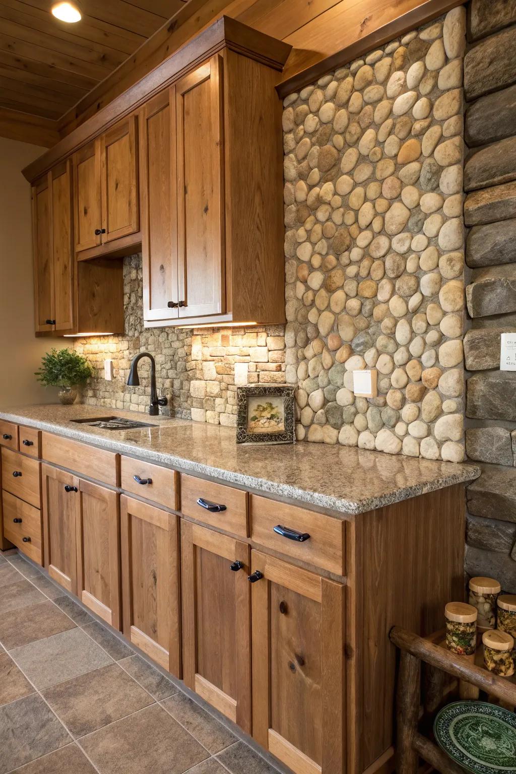 A stone mosaic backsplash introduces a natural, artistic touch.
