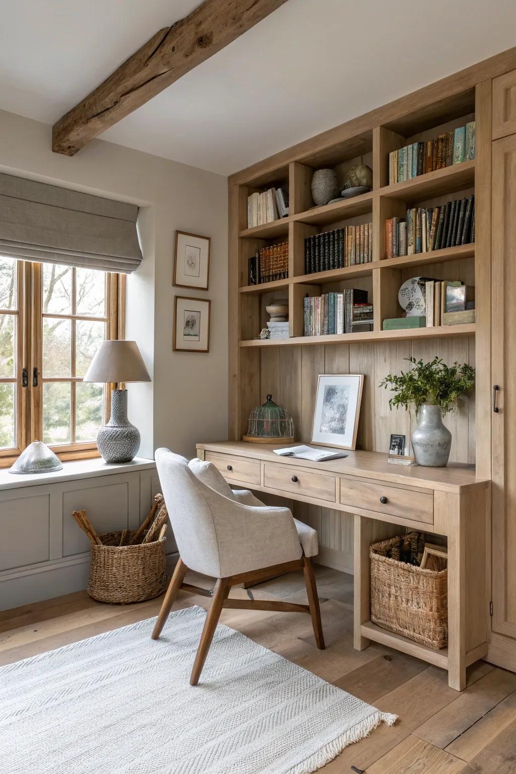 Fitted stacks provide both storage and a stunning display area in your farmhouse office.