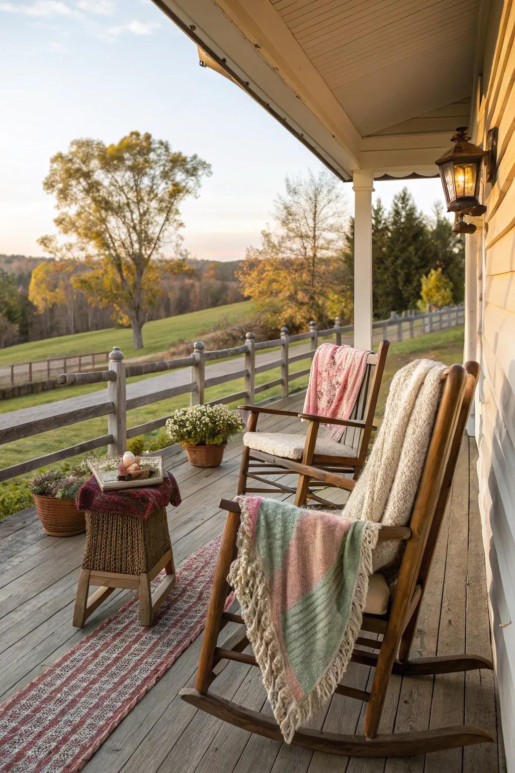 Cozy blankets invite warmth and relaxation on this farmhouse porch.