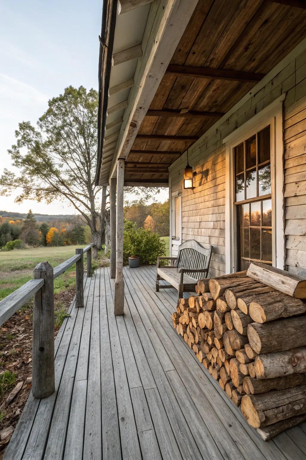 Chopped wood stacks add a cozy and practical touch to a rustic porch.