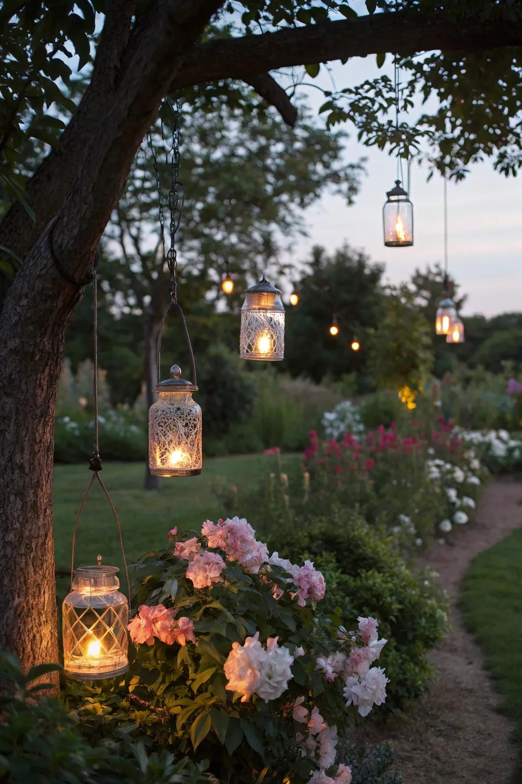 Mason jar lanterns casting a warm glow in the garden.
