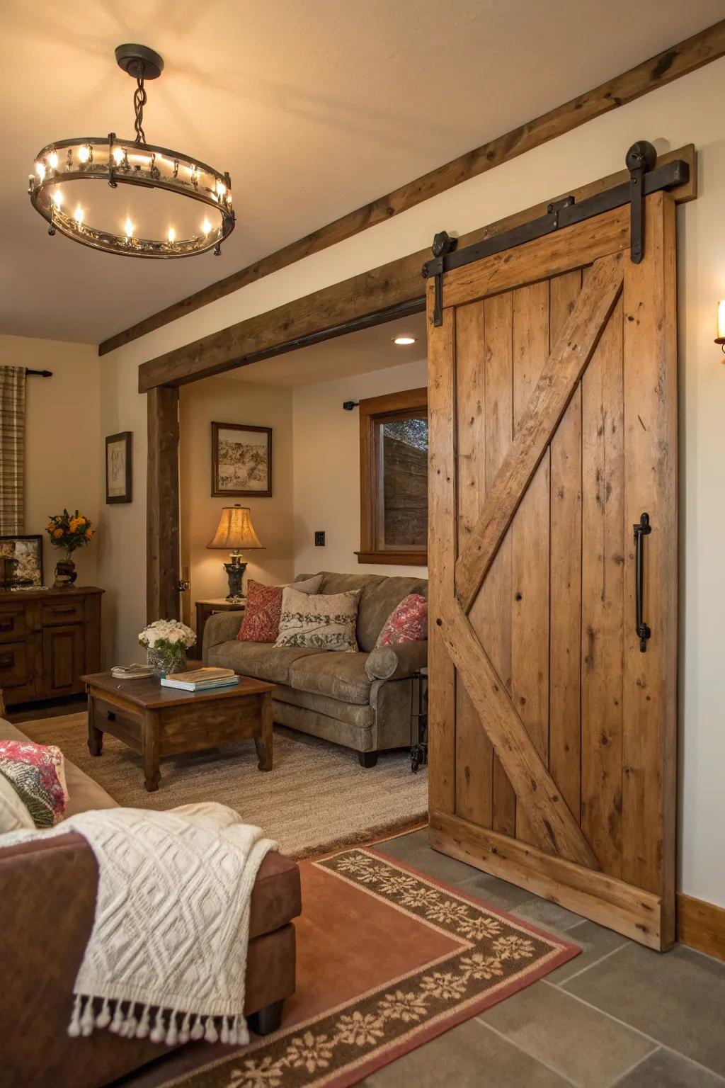 Barn-style sliding doors offer practical and decorative rural charm.