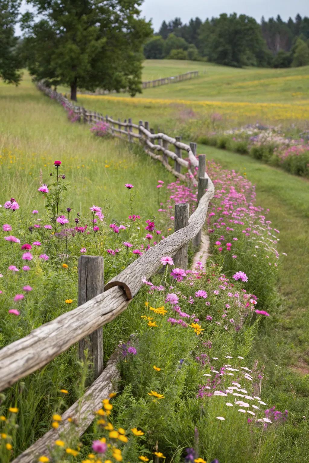 A curved log fence undulates across a landscape, infusing dynamic movement into the scene.