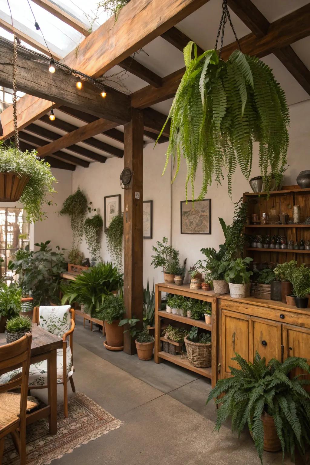 Indoor plants breathe life into rustic interiors.