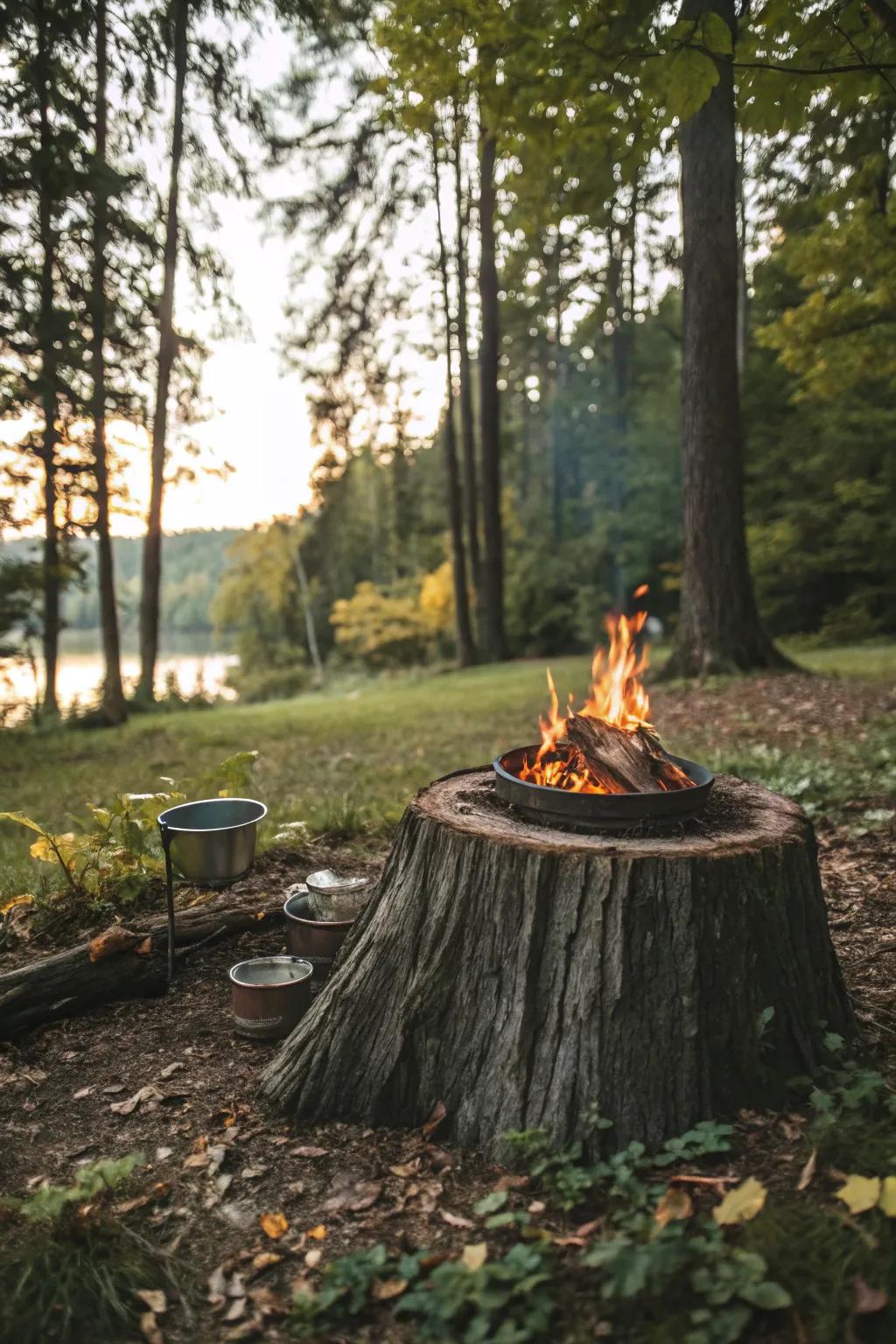 A tree stump base blends nature with rustic design.